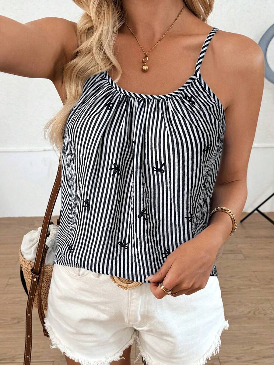 SHEIN LUNE Top de tirantes tipo camiseta informal con estampado de mariposas y rayas, estilo vacacional para verano