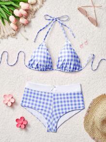 SHEIN MOD Conjunto de bikini de cuello de halter con escote en V a cuadros para playa de verano