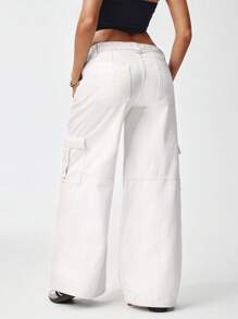 SHEIN EZwear Women's Low Waist Solid Color Pocket Button White Flare Leg Jeans Denim Pants - Apricot - View 2