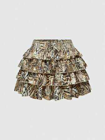 ROMWE Avant Falda A-line con estampado de leopardo, decorada con cuentas de madera, moños y lámina de oro para mujer talla grande, estilo vintage Y2K