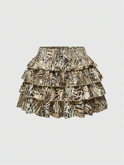 ROMWE Avant Plus Size Women Vintage Y2K Layered Ruffle Wooden Beads Pendant Decor Leopard Print Gold Foil Fabric A-Line Skirt