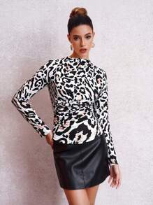 SHEIN Clasi Leopard Print Elegant & Fashionable Women's T-Shirt, Suitable As Autumn/Winter Base Layer,Warm And Comfortable - Multicolor - View 5
