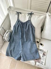 SHEIN Tween Girls Summer Boho Comfortable Simple Base Bowknot Loose Fit Blue Denim Jumpsuit Overalls Shorts For Tween Girl Clothes Girls Costume Dailywear And Girls Summer And Spring Clothes - Medium Wash - View 9