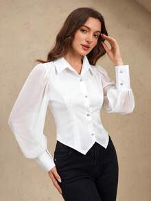 EMERY ROSE Nueva camisa elegante de moda con manga abullonada y abotonada, blusa de ajuste elegante y ceñido con manga transparente - Blanco - Ver 4