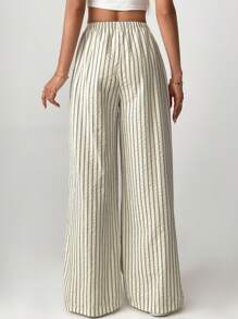 SHEIN Tall 宽松条纹阔腿裤，前系带，休闲装 - 米色 - 查看 2