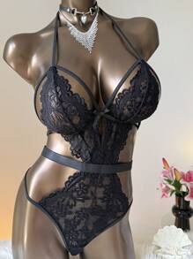 Aloruh Women's Sexy Lace Halter Backless Bodysuits, Black - Black - View 5