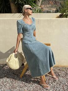 Livesso Vestido vaquero de mujer con cuello cuadrado, mangas de farol y flecos, estilo occidental lavado para el verano