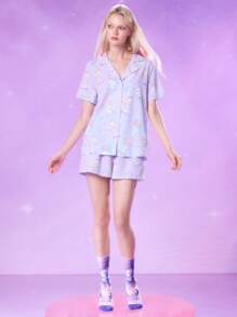 Pop Mart Azura X SHEIN 3 Pairs Cartoon Pattern Fashion Gradient Color Macaron Soft Breathable Sweat-Absorbing Women's Elastic Crew Socks, Printed Patterns Suitable For Spring, Summer, Autumn; Purple & Pink Bear Print Mid-Calf Socks, Rainbow Cloud Breathable Soft All-Season Socks For Women