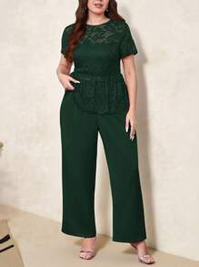 SHEIN Clasi Bộ 2 món cỡ lớn cho nữ: Áo ren tay ngắn & Quần ống rộng, Trang phục Valentine thanh lịch - Màu xanh lá cây đậm - Xem 3