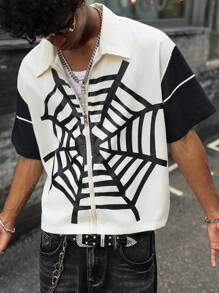 PAVTROS Manfinity Streetrush Men's Contrast Color Spider Web Print Short Sleeve Shirt Men's Graphic Shirt Graphic Men Shirts Streetwear Men Shirts - Beige - View 1