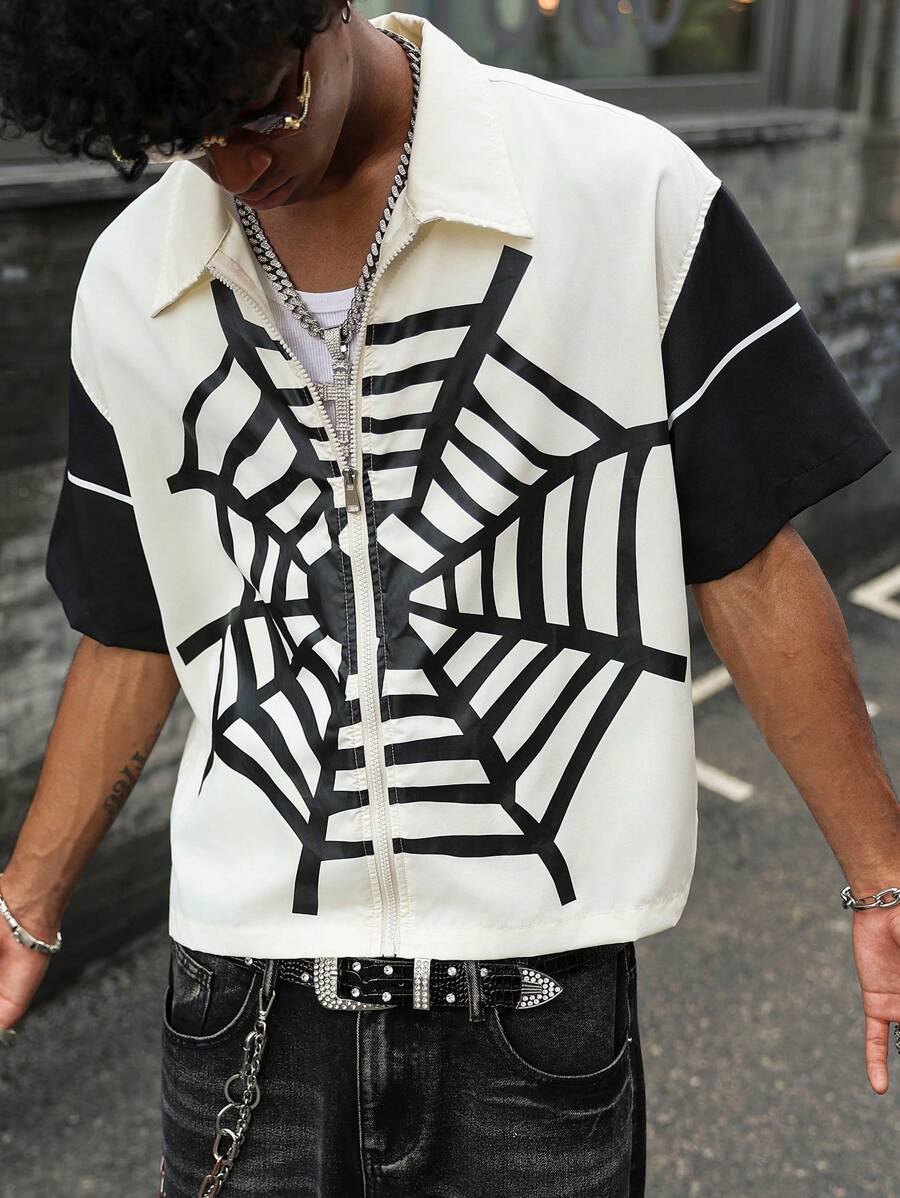 PAVTROS Manfinity Streetrush Men's Contrast Color Spider Web Print Short Sleeve Shirt Men's Graphic Shirt Graphic Men Shirts Streetwear Men Shirts - Beige - View 1