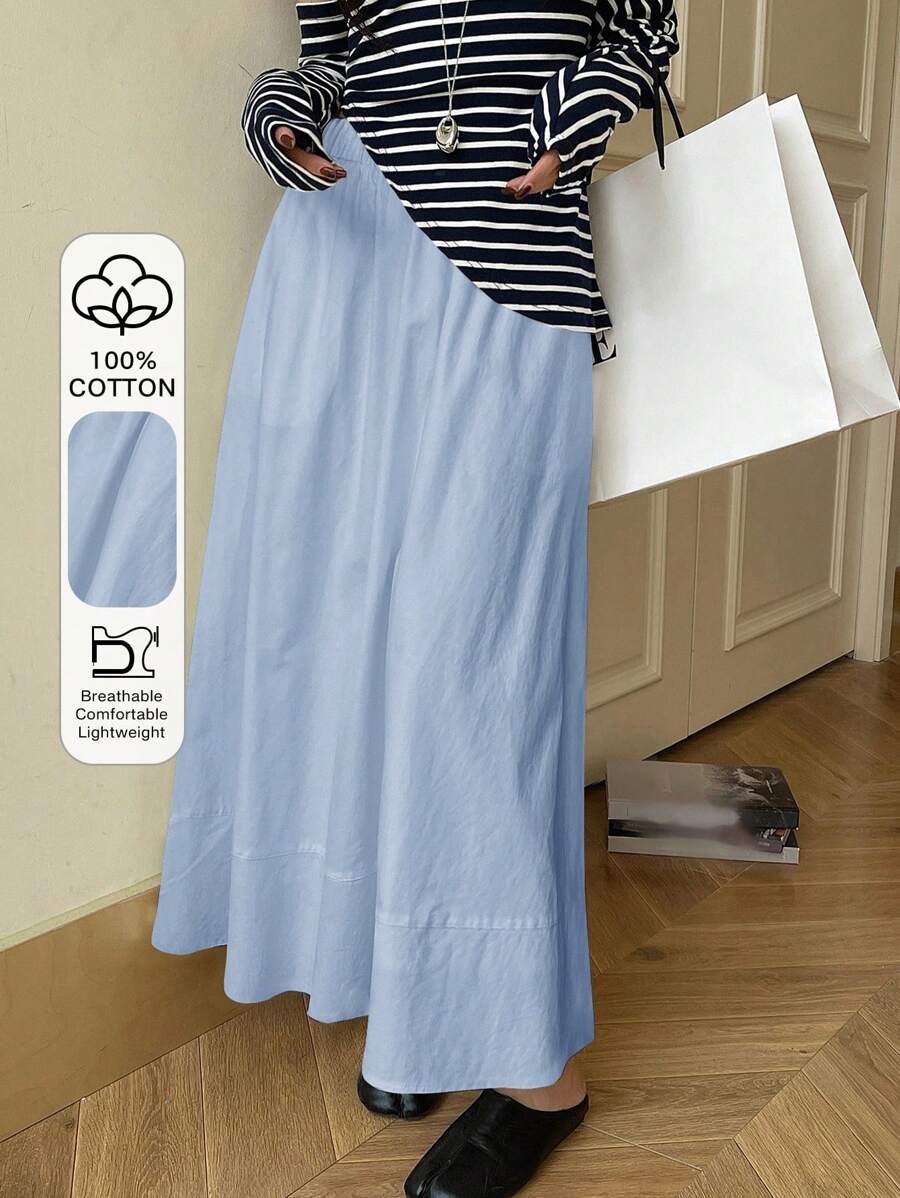 DAZY 女士休闲日常全棉纯色半身裙，返校季秋季半身裙 - 藍色 - 查看 1