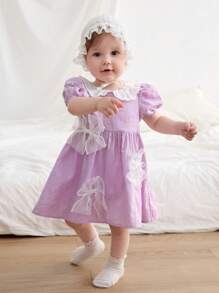 SHEIN Baby Girl Ruffle Trim Round Neck Puff Sleeve Cinched Waist A-Line Dress - Multicolor - View 3