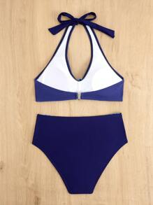 Swim Lushoire Conjunto de bikini de mujer para vacaciones de verano en la playa, con patrón geométrico, escote cruzado, espalda descubierta y abertura