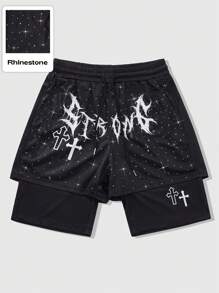 ROMWE MEN Goth 男士街头时尚二合一短裤，水钻英文字母图形印花设计，带有哥特式元素，万圣节