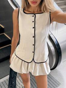 Siren Gaze 通勤女士两件套拼色镶边无袖上衣和迷你裙套装夏季女士两件套，女士办公室套装，教师服装，商务休闲女装，商务休闲女装 - 杏色 - 查看 4