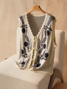 Elaquor Plus Size Women Floral Print Front-Tie Casual Knit Vest In Fall/Winter