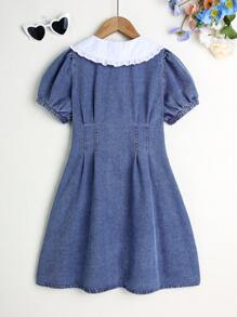 女童大码青少年水洗蓝色休闲修身俏皮心形刺绣牛仔连衣裙，简约时尚百搭设计适合日常穿着 - 中等水洗藍 - 查看 7