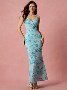 Enchnt 女式优雅亮片花卉印花腰部收腰鱼尾下摆吊带裙，夏季 - 藍色 - 查看 3