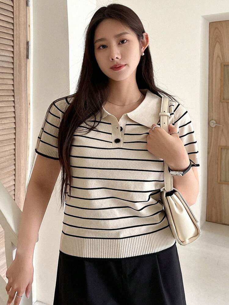 Dazy Plus Plus Size Solid Color Polo Collar Slim Fit Short Sleeve Knitted Top, Spring/Summer/Autumn, Back To School Clothes