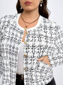 SHEIN Clasi 大尺碼休閒通勤格紋短夾克 冬季秋季外套 2026時尚款 - 白色 - 查看 5