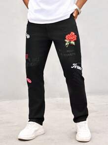 Manfinity LEGND Jeans rectos para hombre con bolsillos con parche bordado, versátiles y casuales