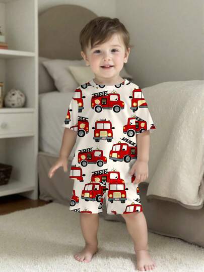 SHEIN 2pcs/Set Young Boy Fire Engine Pattern Loose Casual Pajama Set Boys Firetruck Pajamas Toddler Firetruck Pajamas Boys Short Sleeve Pajamas Toddler Sleepwear Boys Sleepwear
