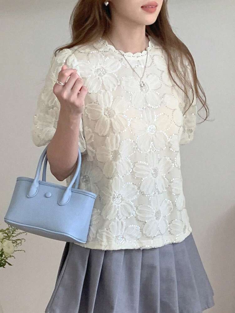 Women's Summer Textured Fabric Round Neck Puff Sleeve Casual Sequin Patchwork Decor Elegant Party Style Short Sleeve Blouse,Back To School Clothes