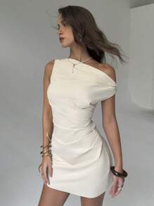 Aloruh 全新不对称不对称肩部设计褶皱腰身修身迷你杏色紧身连衣裙