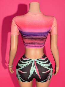 Slaydiva 2025 Summer New Style Birthday Party Daily Outing Basic And Versatile Leisure Vacation Cruise Travel Beach Seaside Sunbathing Internet Celebrity Hot Style Street Style Punk Style Round Neck Short Sleeve Cropped Tight Top And Tight Shorts Distressed Print Wave Edge Summer Suit Women's Two-Piece Suit - Multicolor - View 4