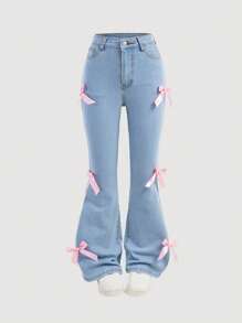 SHEIN Girlism Tween Girl Y2K 可爱粉色蝴蝶结装饰高腰喇叭牛仔裤