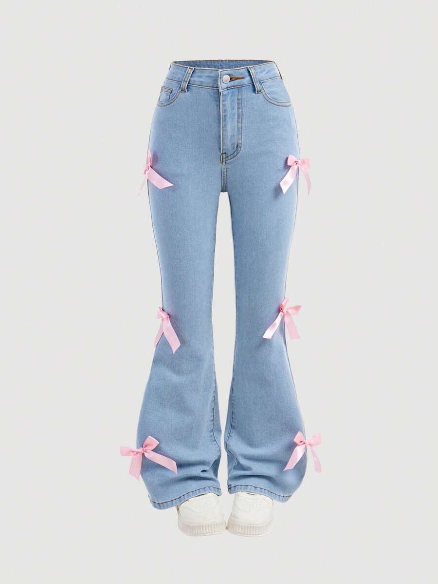 SHEIN Girlism Tween Girl Y2K 可爱粉色蝴蝶结装饰高腰喇叭牛仔裤