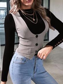 Lavishia 1 Peça Colete Blazer Feminino com Detalhe de Aba em Estampa Xadrez para Outono/Inverno