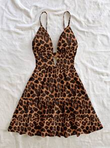 Soleia Vestido corto con escote en V, espalda descubierta y volantes con estampado de leopardo, estilo vacaciones/fiesta, adecuado para el verano
