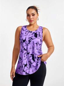 Easithlete Plus Size All-Over Print Asymmetric Hem Round Neck Summer Sports Top - Purple - View 4