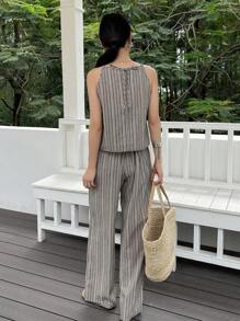 DAZY 女士休闲两件套：条纹细肩带背心和长裤，夏季，返校服装 - 卡其色 - 查看 5