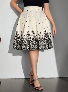 Chikora Plus Size Polka Dot Skirt, Fashionable For Summer Work Midi Skirt Floral Skirt Black Cream Skirt Elegant Skirt Teacher For Women Business Casual Woman Office For Women Work Office Wear Women Going Out Back To School Valentine's Day