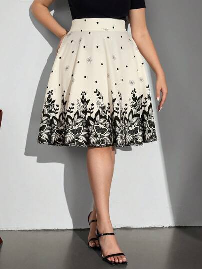 Chikora Plus Size Polka Dot Skirt, Fashionable For Summer Work Midi Skirt Floral Skirt Black Cream Skirt Elegant Skirt Teacher For Women Business Casual Woman Office For Women Work Office Wear Women Going Out Back To School Valentine's Day