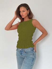 Roylia Green Crew Neck Pleated, Ruffle Hem, Sleeveless Fitted Women Tank Top - Army Green - View 3