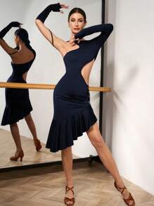 Mulvari Trang phục khiêu vũ tay dài thanh lịch cổ khoét sâu màu trơn không đối xứng - Màu xanh hải quân - Xem 7