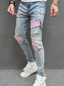 Manfinity LEGND Men's Distressed Color Block Skinny Denim Jeans With Pockets, Summer - Light Wash - View 3