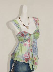 SHEIN ICON 女式复古印花网眼不对称下摆无袖上衣 - 綠色 - 查看 8