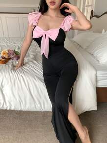 Sweet Ins Two-Tone Strik & Ruffle Patchwork Rugloze Hollow Out Dames Pyjama Jumpsuit, Vakantie