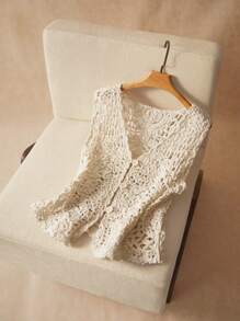 Elaquor 大码女式休闲节日纽扣针织背心 - 杏色 - 查看 2