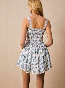 Poéselle 女式全印花扭纹前背心迷你连衣裙，休闲夏季 - 藍白色 - 查看 3