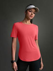 Exploreva Camiseta deportiva informal para mujer con dobladillo curvo de unicolor, de verano