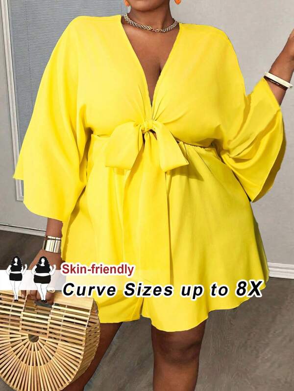 SHEIN CURVE+ Salopetă pentru femei plus size, casual, cu decolteu în V, lejeră, imprimată (cu curea în talie cu șnur), ținute de plajă pentru femei/Rochie de plajă/Ținute de vacanță pe plajă/Esențe de plajă/Rochii de absolvire/petrecere de ceai/Vară/Ținute de vacanță pe plajă/Ținute de plajă/Îmbrăcăminte de plajă