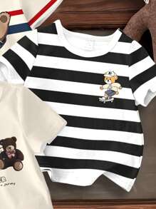 SHEIN Áo thun trẻ em Teddy Bear Graphic, giản dị, thoải mái, tay ngắn cho bé trai, mùa xuân/hè - Nhiều màu - Xem 4