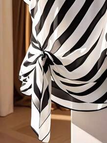 SHEIN Clasi Plus Size Casual V-Neck Striped Shirt With Tie Waist And Ruffle Sleeve