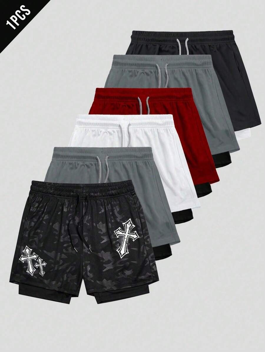 Manfinity Sport Corelite Quần short thể thao thường ngày in họa tiết tối giản dành cho nam - màu đen - Xem 1